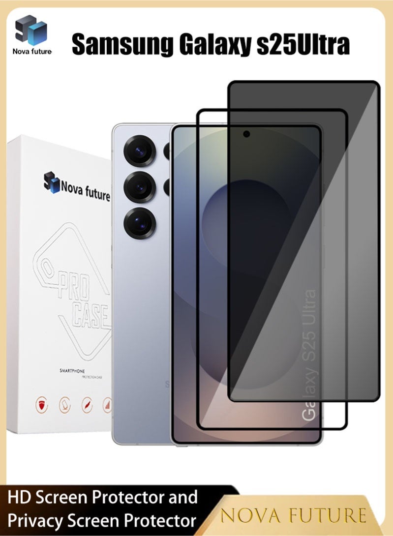 تتضمن مجموعة واقي الشاشة 1+1 لهاتف سامسونج جالاكسي S25 ألترا واقي شاشة للخصوصية [مضاد للتجسس بزاوية 28 درجة][فتح ببصمة الإصبع] + واقي شاشة عالي الوضوح [مقاوم للخدش][خالي من الفقاعات].